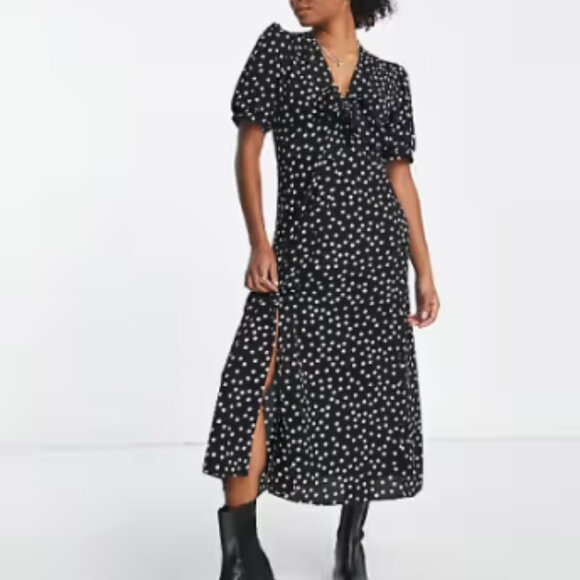 Asos Tie Front Botton Through Petite Midi Dress - Picture 1 of 3